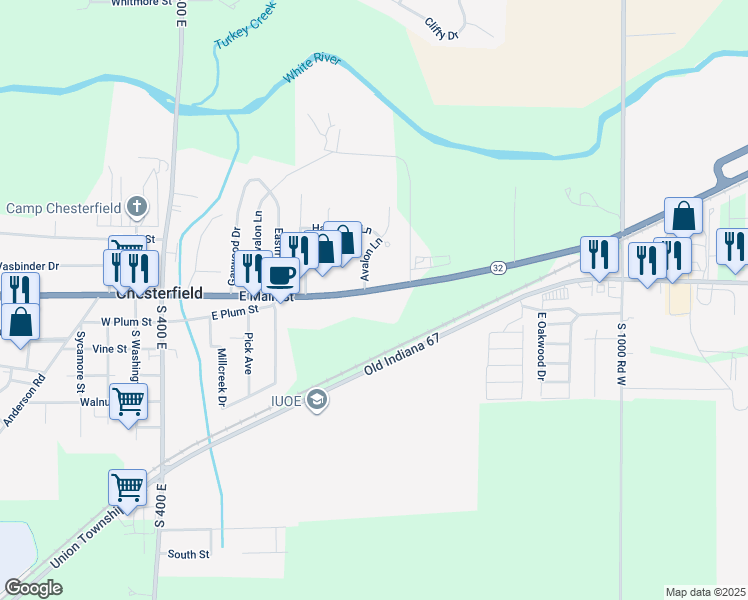 map of restaurants, bars, coffee shops, grocery stores, and more near 4409 Indiana 32 in Anderson