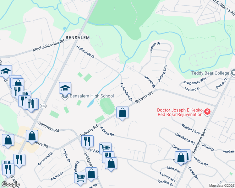 map of restaurants, bars, coffee shops, grocery stores, and more near 1479 Ravenview Place in Bensalem