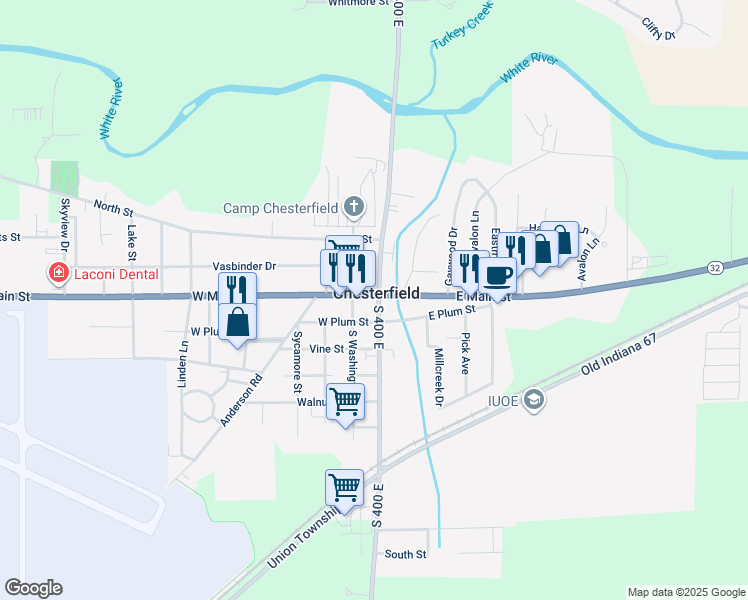 map of restaurants, bars, coffee shops, grocery stores, and more near 5 West Main Street in Anderson