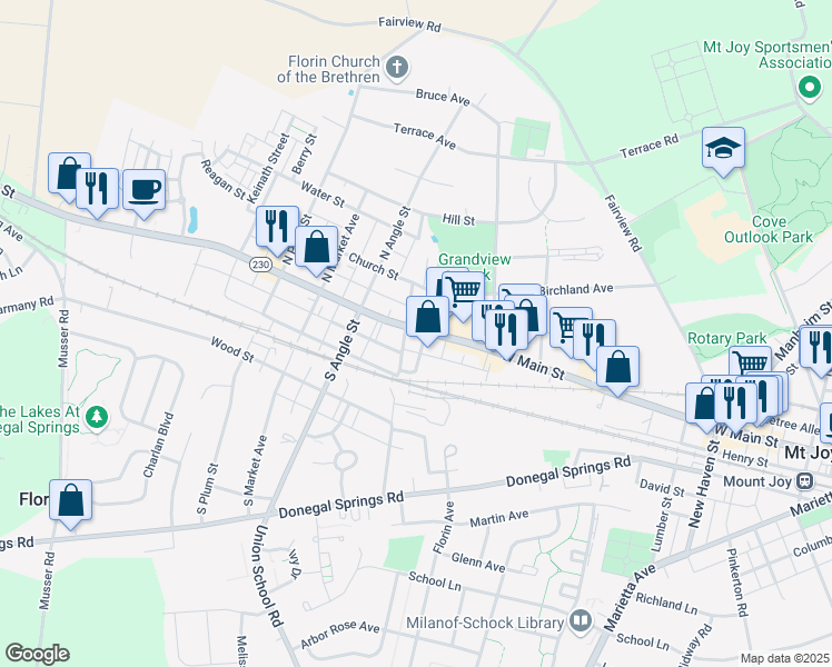 map of restaurants, bars, coffee shops, grocery stores, and more near 580 West Main Street in Mount Joy