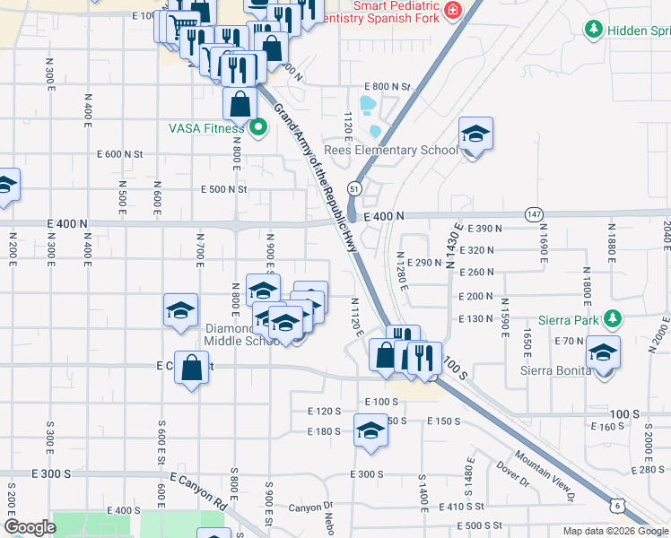 map of restaurants, bars, coffee shops, grocery stores, and more near 274 North 1070 East in Spanish Fork