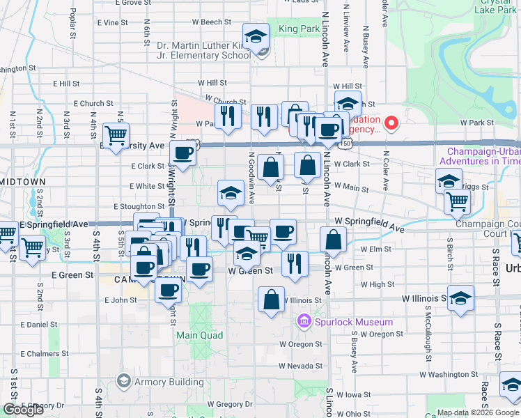 map of restaurants, bars, coffee shops, grocery stores, and more near 1109 W Stoughton Street in Urbana