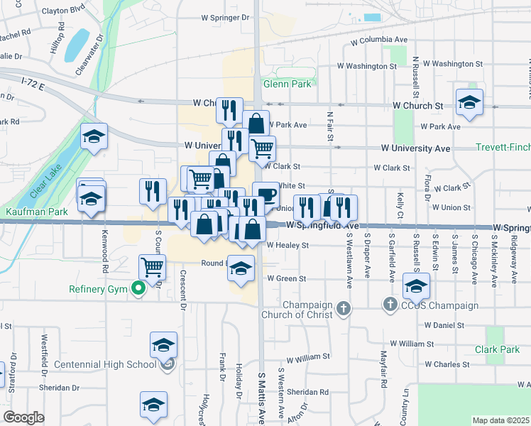 map of restaurants, bars, coffee shops, grocery stores, and more near 1714 West Springfield Avenue in Champaign