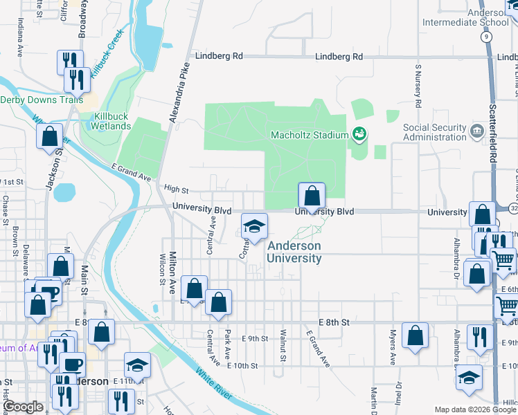 map of restaurants, bars, coffee shops, grocery stores, and more near Cottage Avenue in Anderson