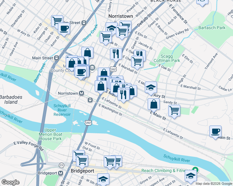 map of restaurants, bars, coffee shops, grocery stores, and more near 238 East Main Street in Norristown