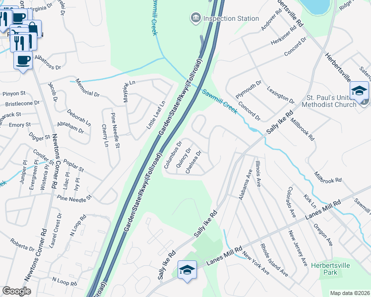 map of restaurants, bars, coffee shops, grocery stores, and more near 945 Quincy Drive in Brick Township