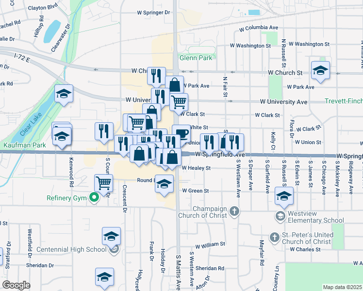 map of restaurants, bars, coffee shops, grocery stores, and more near 1714 West Springfield Avenue in Champaign