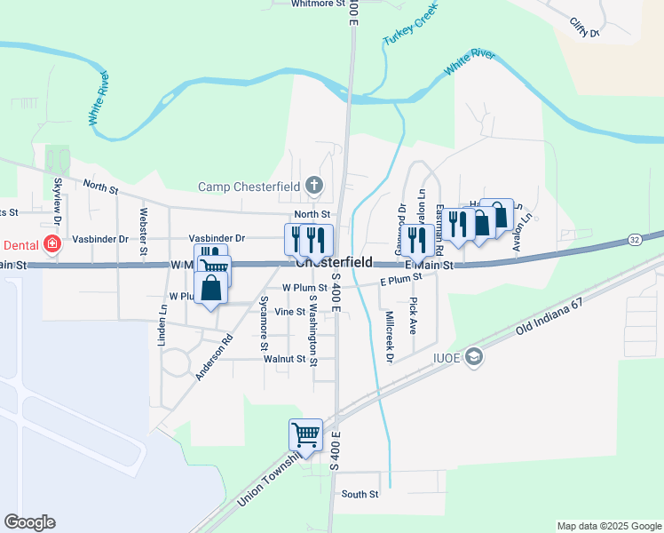 map of restaurants, bars, coffee shops, grocery stores, and more near 5 West Main Street in Anderson