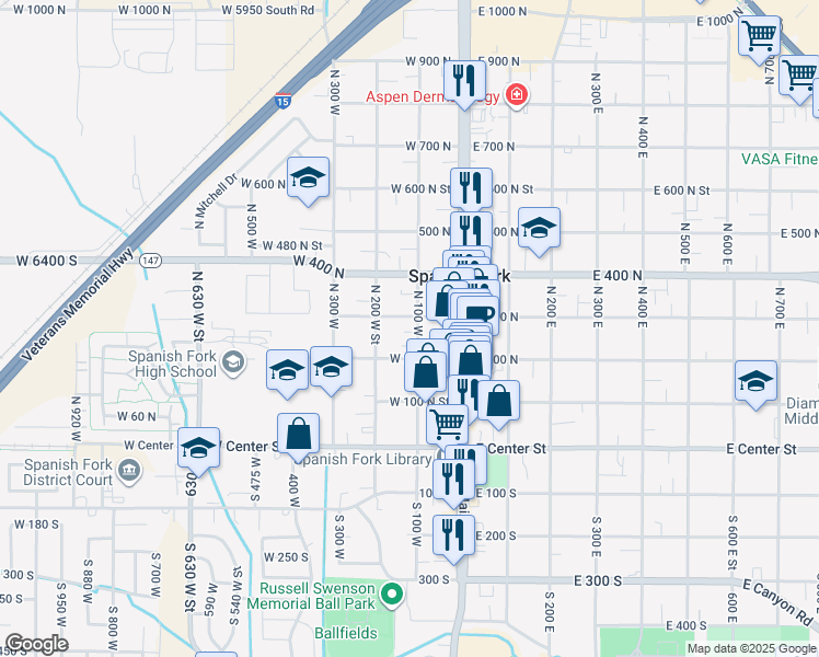 map of restaurants, bars, coffee shops, grocery stores, and more near 247 North 100 West Street in Spanish Fork
