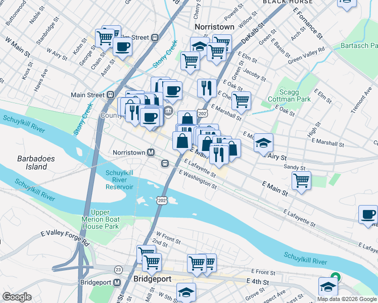 map of restaurants, bars, coffee shops, grocery stores, and more near in Norristown