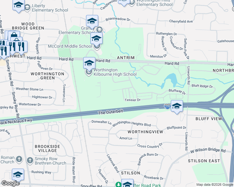 map of restaurants, bars, coffee shops, grocery stores, and more near 1319 Tessier Drive in Columbus