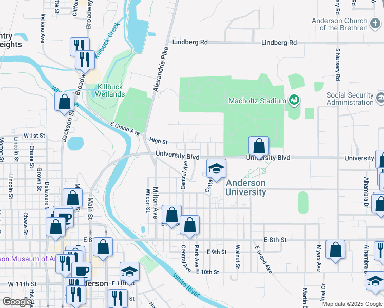 map of restaurants, bars, coffee shops, grocery stores, and more near 717 University Boulevard in Anderson