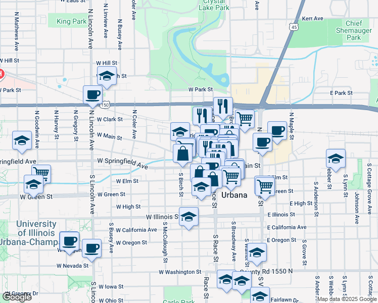 map of restaurants, bars, coffee shops, grocery stores, and more near 300 West Main Street in Urbana