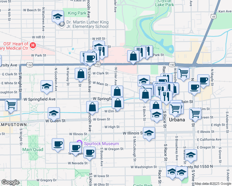 map of restaurants, bars, coffee shops, grocery stores, and more near 607 Stoughton Street in Urbana
