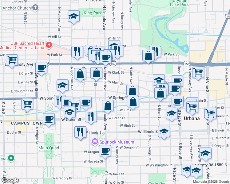 map of restaurants, bars, coffee shops, grocery stores, and more near 802 West Springfield Avenue in Urbana