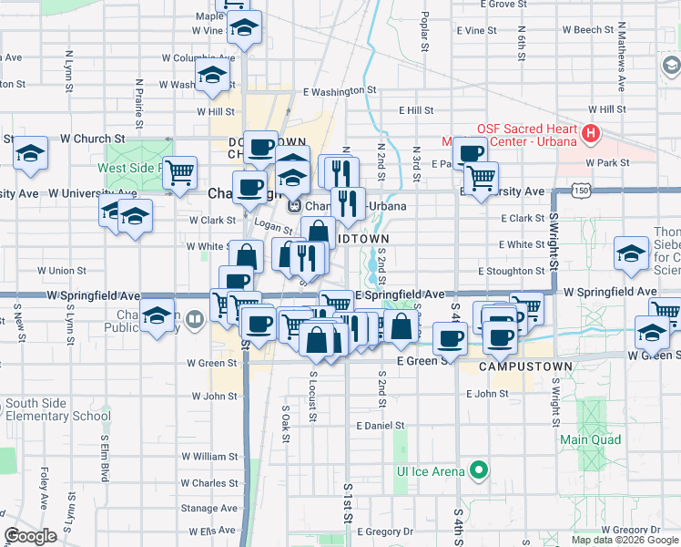 map of restaurants, bars, coffee shops, grocery stores, and more near 309 South 1st Street in Champaign