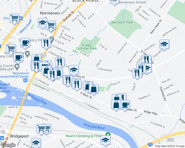 map of restaurants, bars, coffee shops, grocery stores, and more near 534 East Moore Street in Norristown