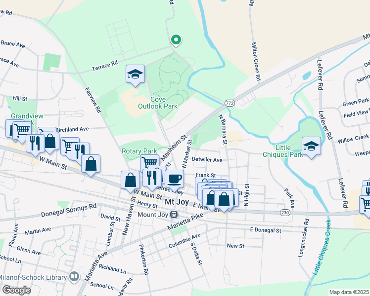 map of restaurants, bars, coffee shops, grocery stores, and more near 170 North Market Street in Mount Joy