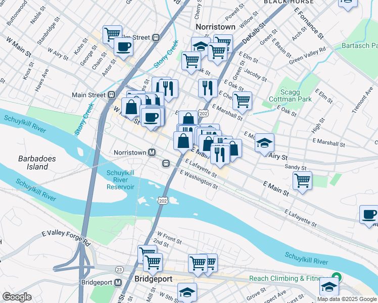 map of restaurants, bars, coffee shops, grocery stores, and more near 108 East Main Street in Norristown