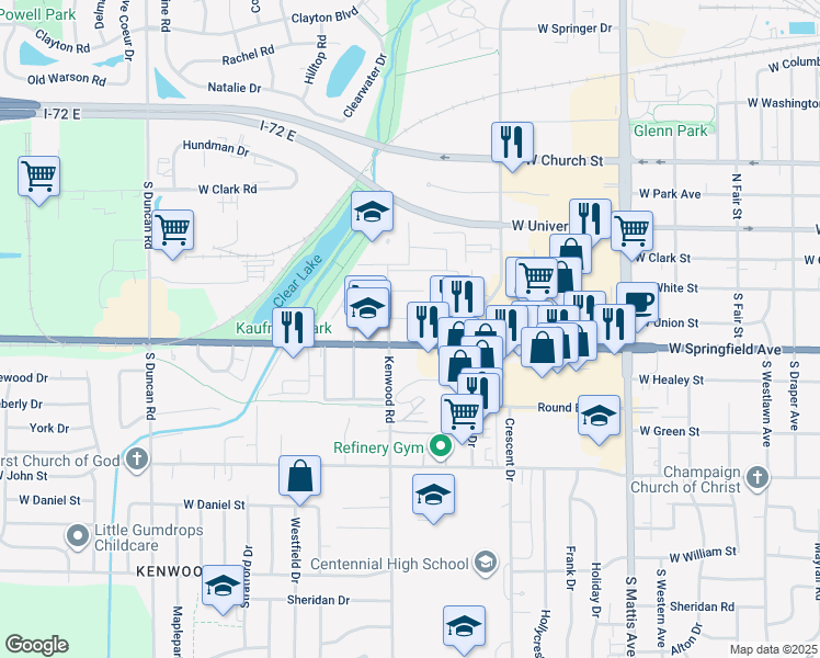 map of restaurants, bars, coffee shops, grocery stores, and more near 2300 West Springfield Avenue in Champaign