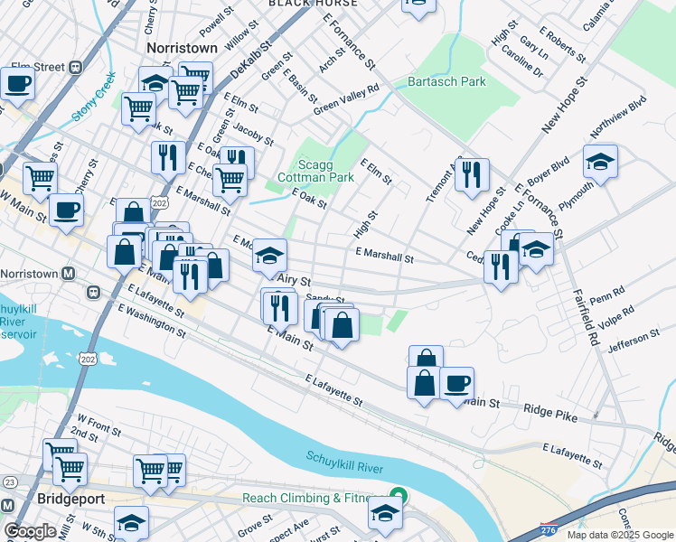 map of restaurants, bars, coffee shops, grocery stores, and more near 534 East Moore Street in Norristown