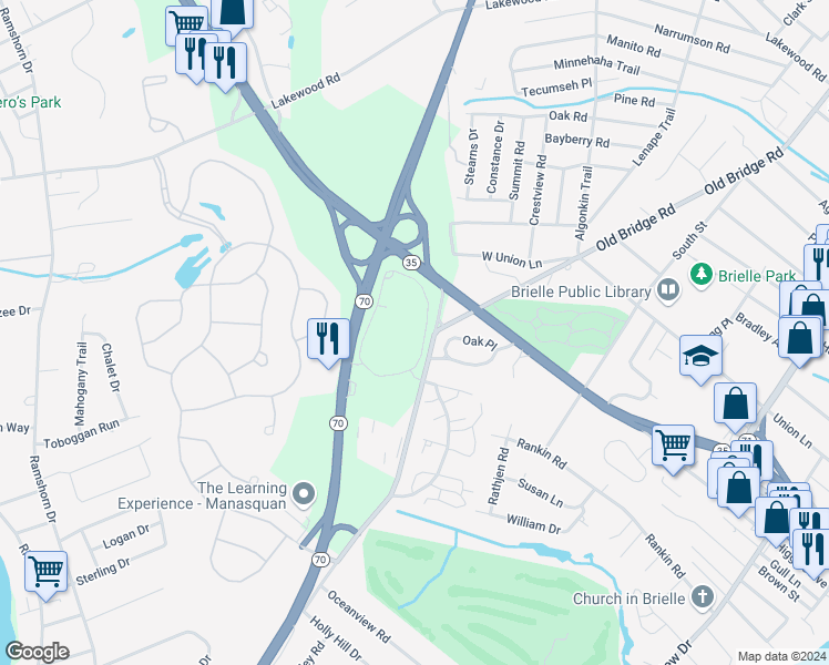 map of restaurants, bars, coffee shops, grocery stores, and more near 432 Oval Road in Manasquan