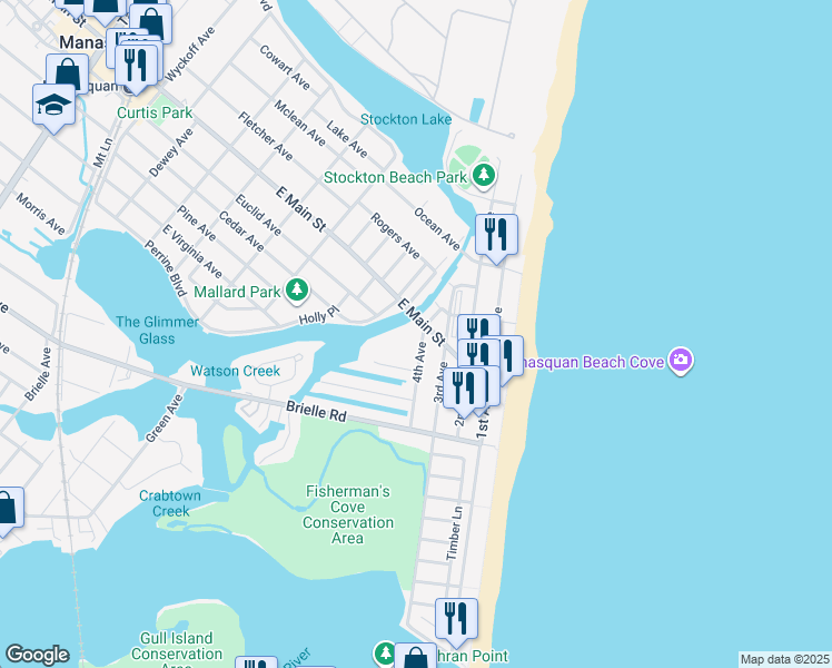 map of restaurants, bars, coffee shops, grocery stores, and more near in Manasquan