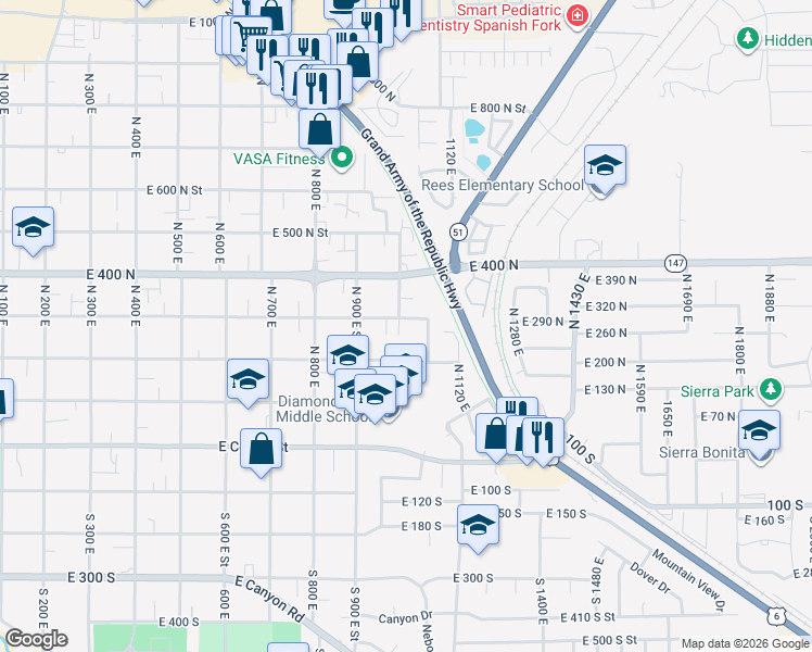 map of restaurants, bars, coffee shops, grocery stores, and more near 284 North 1000 East Street in Spanish Fork