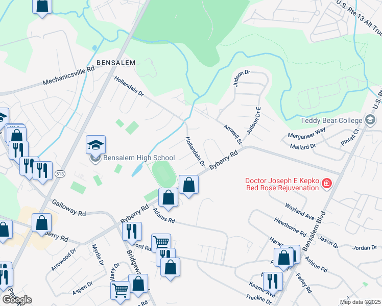 map of restaurants, bars, coffee shops, grocery stores, and more near 1479 Ravenview Place in Bensalem