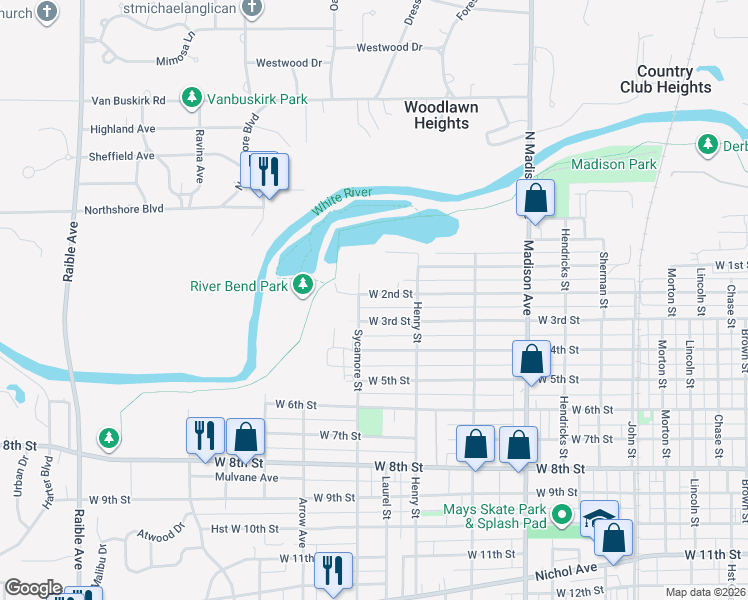 map of restaurants, bars, coffee shops, grocery stores, and more near 1432 West 3rd Street in Anderson