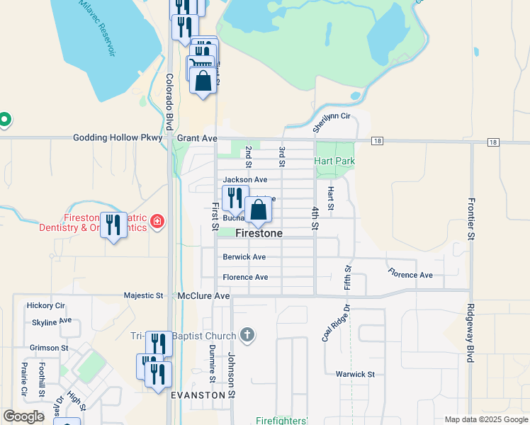 map of restaurants, bars, coffee shops, grocery stores, and more near in Firestone
