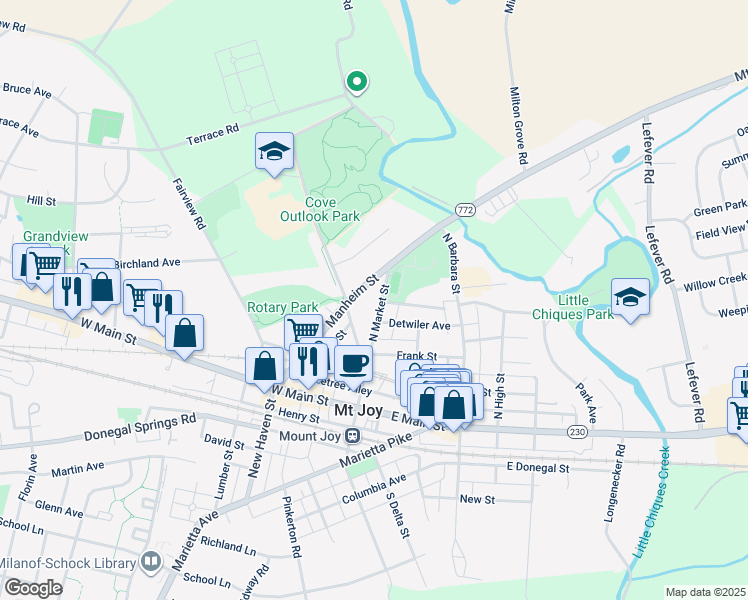map of restaurants, bars, coffee shops, grocery stores, and more near 170 North Market Street in Mount Joy