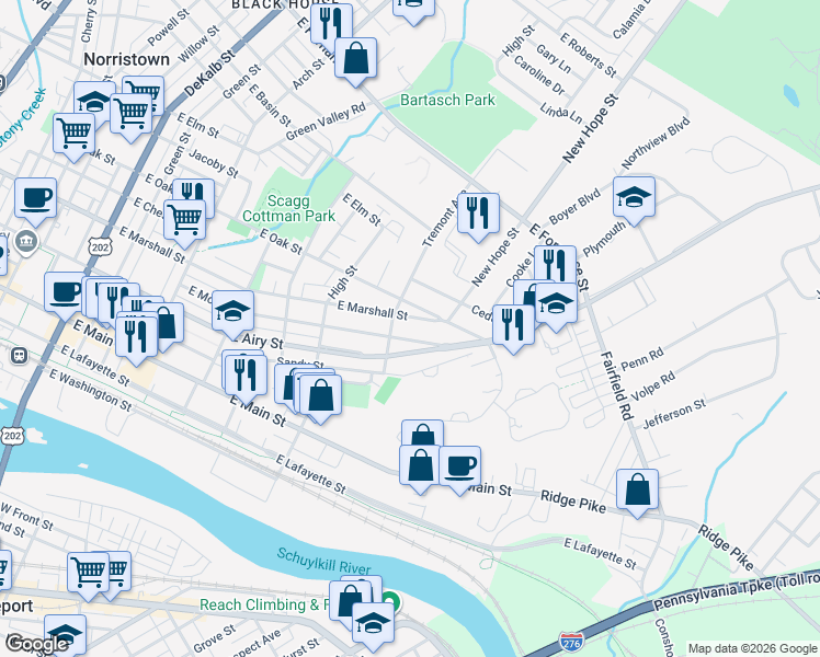 map of restaurants, bars, coffee shops, grocery stores, and more near 733 East Airy Street in Norristown