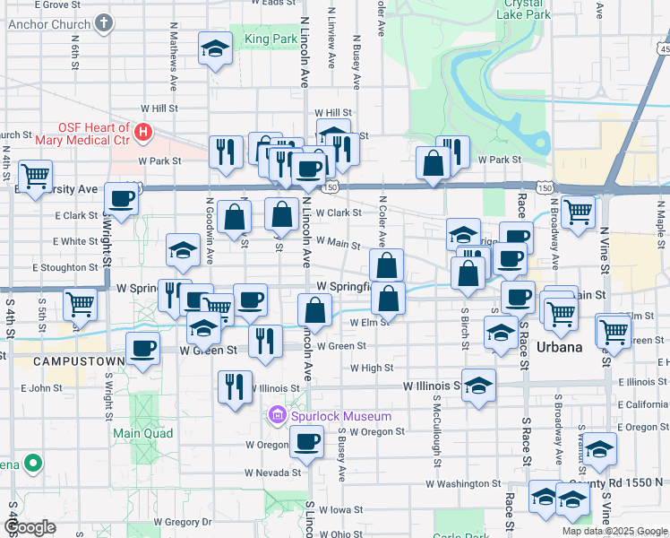 map of restaurants, bars, coffee shops, grocery stores, and more near 802 West Springfield Avenue in Urbana