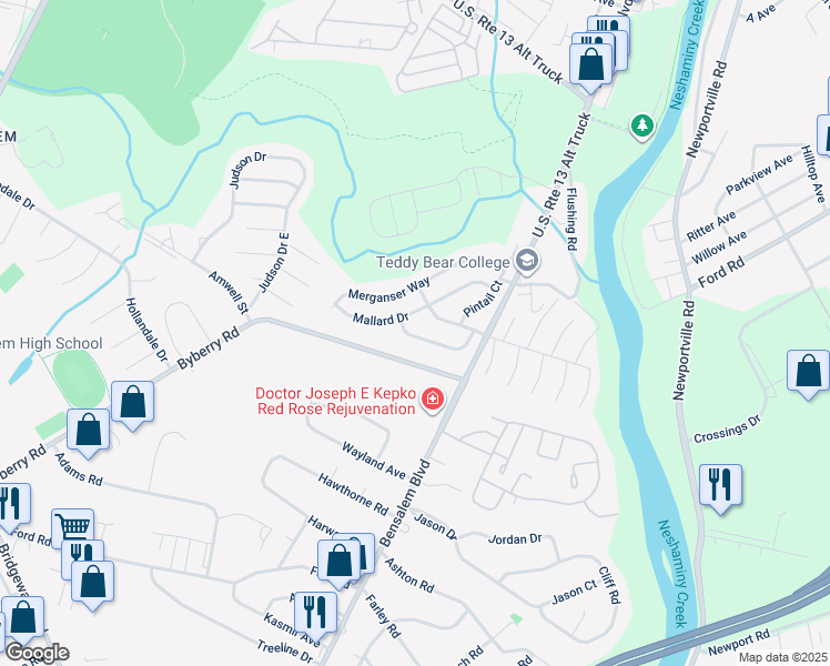 map of restaurants, bars, coffee shops, grocery stores, and more near 1072 Muscovy Lane in Bensalem