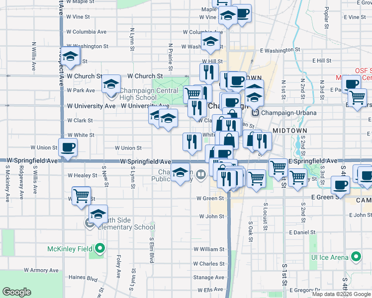 map of restaurants, bars, coffee shops, grocery stores, and more near 309 South State Street in Champaign
