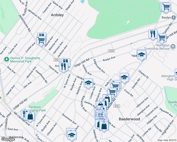 map of restaurants, bars, coffee shops, grocery stores, and more near 604 Roberts Avenue in Glenside