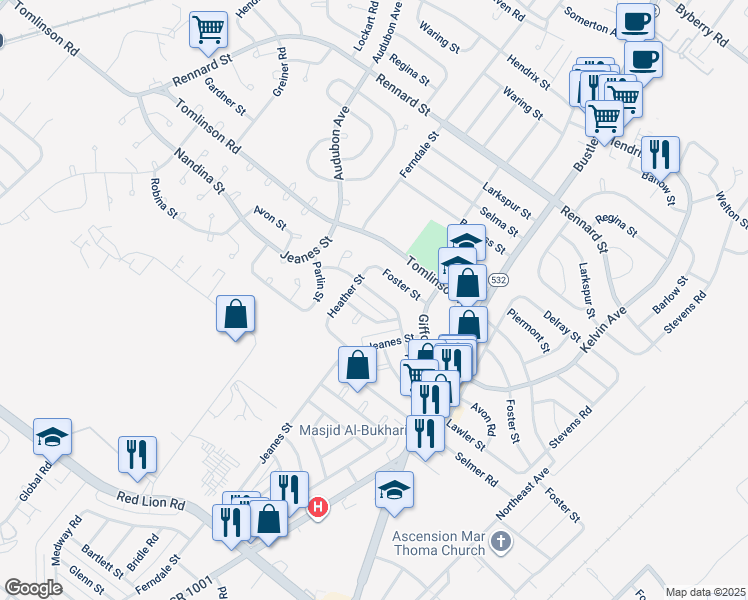 map of restaurants, bars, coffee shops, grocery stores, and more near 10768 Jeanes Street in Philadelphia
