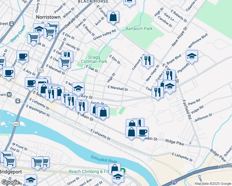 map of restaurants, bars, coffee shops, grocery stores, and more near 653 East Moore Street in Norristown