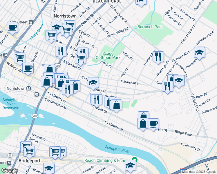 map of restaurants, bars, coffee shops, grocery stores, and more near 504 East Moore Street in Norristown