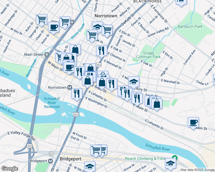 map of restaurants, bars, coffee shops, grocery stores, and more near 250 East Penn Street in Norristown