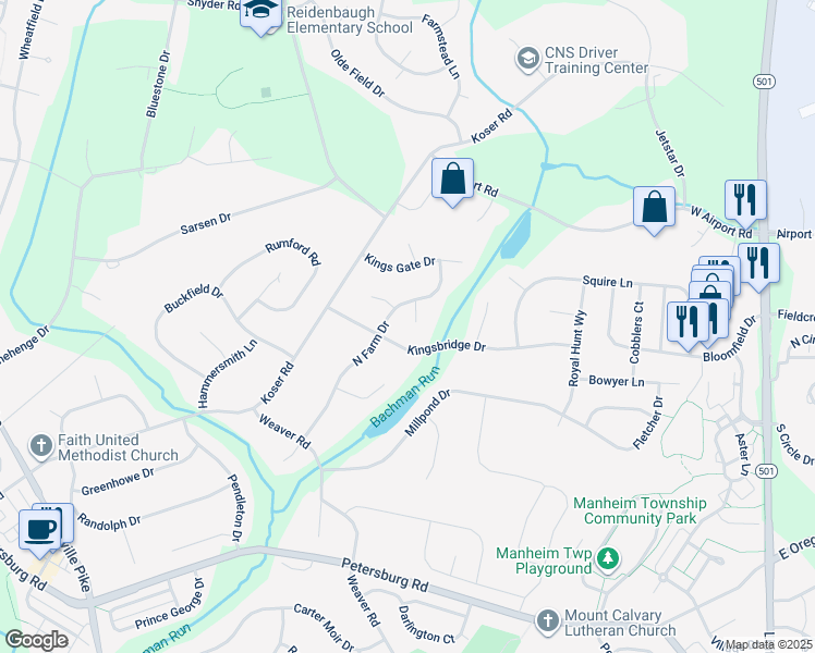 map of restaurants, bars, coffee shops, grocery stores, and more near 8 Regency Court in Lititz