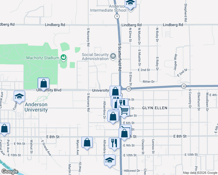 map of restaurants, bars, coffee shops, grocery stores, and more near 2015 East 3rd in Anderson