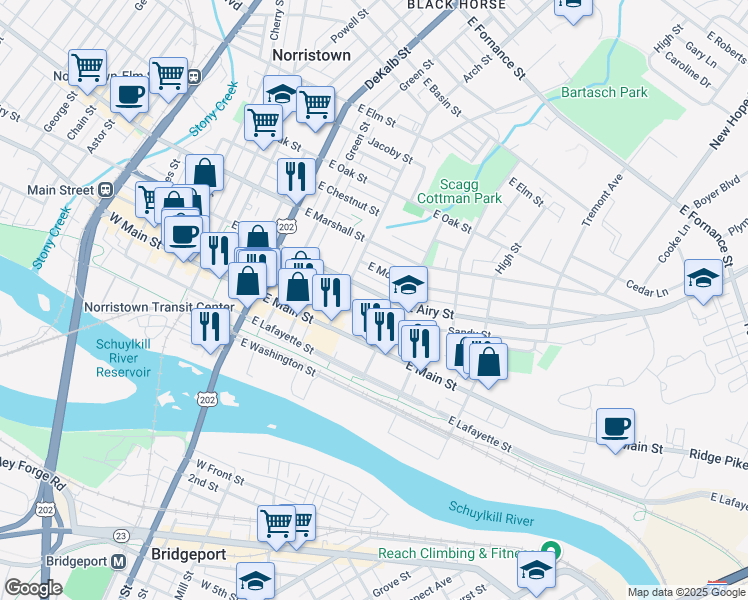 map of restaurants, bars, coffee shops, grocery stores, and more near 335 East Penn Street in Norristown