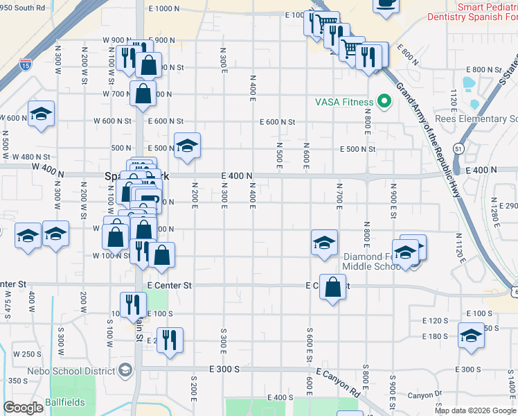 map of restaurants, bars, coffee shops, grocery stores, and more near 284 North 400 East in Spanish Fork