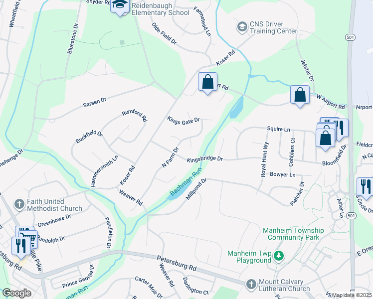 map of restaurants, bars, coffee shops, grocery stores, and more near 8 Regency Court in Lititz