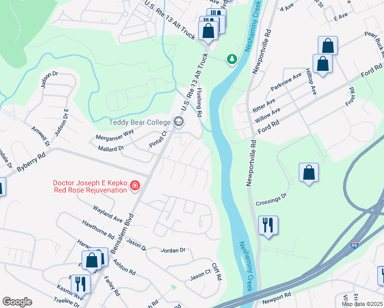 map of restaurants, bars, coffee shops, grocery stores, and more near 5216 Leeward Road in Bensalem