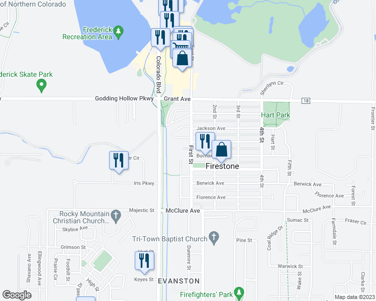 map of restaurants, bars, coffee shops, grocery stores, and more near 551 1st Street in Firestone