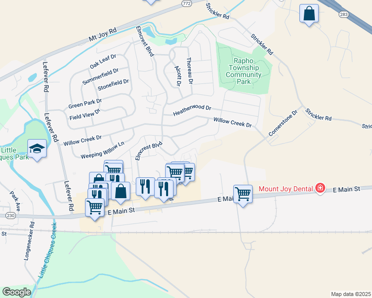 map of restaurants, bars, coffee shops, grocery stores, and more near 1346 Fieldstone Drive in Mount Joy