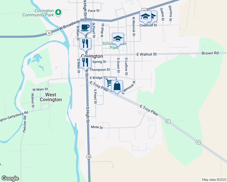 map of restaurants, bars, coffee shops, grocery stores, and more near 301 East Troy Pike in Covington